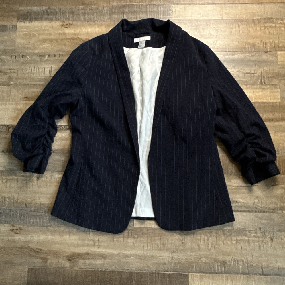 H&M Navy Open Front Blazer Lin Striped Sz 12 Jacket Lined Ruched Sleeve